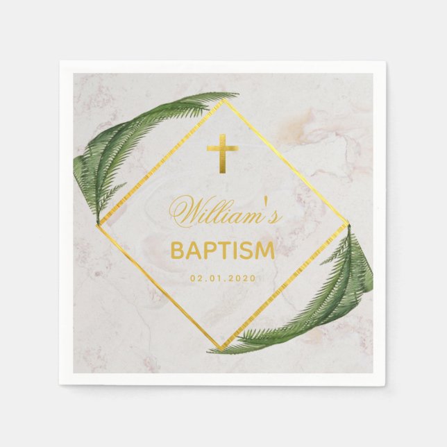 Guardanapo De Papel Folhas de Feto em Mármore Verde para Batismo com F (Frente)