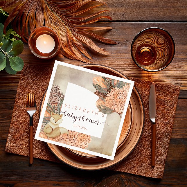 Guardanapo De Papel Folhas de Palm | Hydrangea Blooms Girl Chá de fral (Boho Palm Leaves and Hydrangeas Sleeping Fox Girl Baby Shower Paper Napkins)