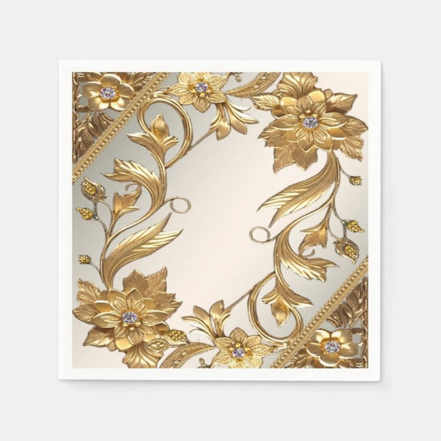 Guardanapo De Papel Folhas Onduladas Florais Douradas (Frente)