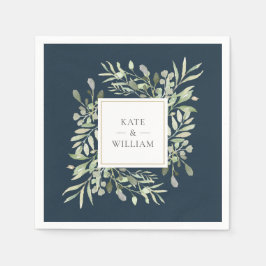 Guardanapo De Papel Folhas Verdes Casamento Azul Dourado Profundo