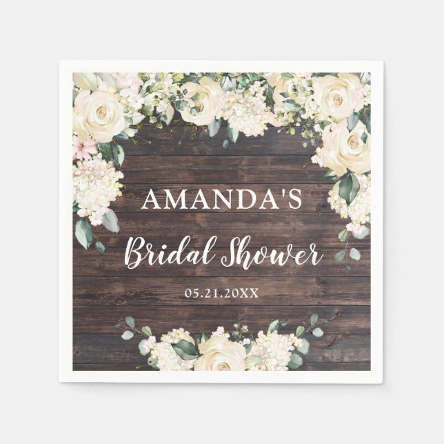 Guardanapo De Papel Folhas verdes rústicas de madeira boho rosas branc (Frente)