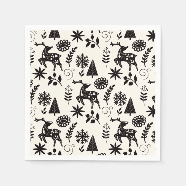 Guardanapo De Papel Folk Art Deer Forest Black and White  (Frente)