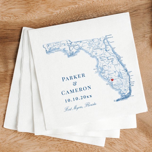 Guardanapo De Papel Fort Myers Florida Map Elegante Marinho Casamento  (Fort Myers FL Map Wedding Napkins in elegant navy blue from Coastal Map Designs)