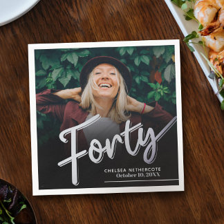 Guardanapo De Papel Forty 40th Birthday custom photo script silver