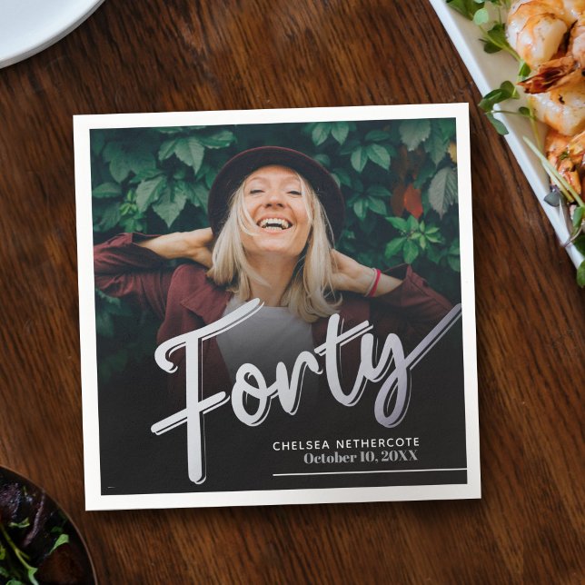 Guardanapo De Papel Forty 40th Birthday custom photo script silver (Criador carregado)