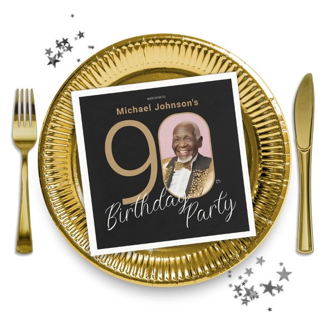 Guardanapo De Papel Foto 90 de Aniversário Dourado Personalizado Elega (Photo 90th Birthday Gold Black Elegant Custom Napkins)