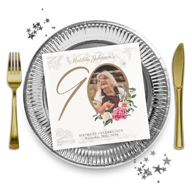 Guardanapo De Papel Foto Botânica Floral de Festa de aniversário Elega (Elegant 90th Birthday Party Floral Botanical Photo Napkins)