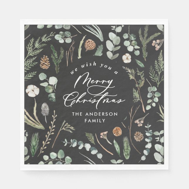 Guardanapo De Papel Foto botânica mínima elegante de Natal preto (Frente)