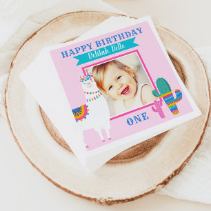 Guardanapo De Papel Foto da Menina no Aniversário com Llama Rosa Festa