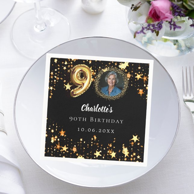 Guardanapo De Papel foto de 90 de aniversário de estrelas pretas doura (Criador carregado)