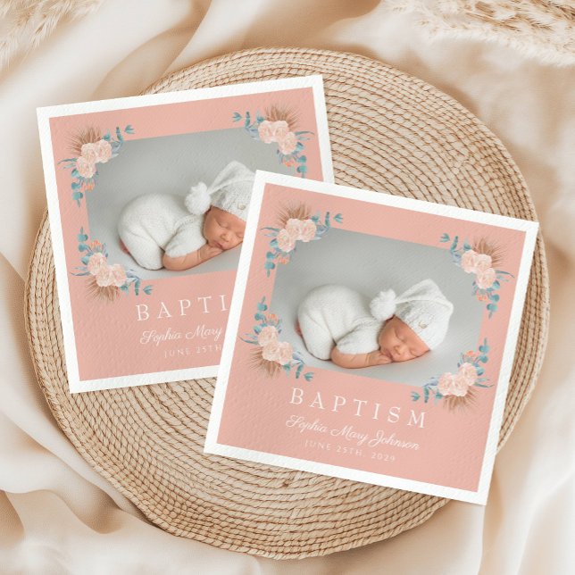 Guardanapo De Papel Foto de Batismo de Menina Floral Rosa Elegante (Elegant Pink Floral Girl Baptism Photo Napkins)