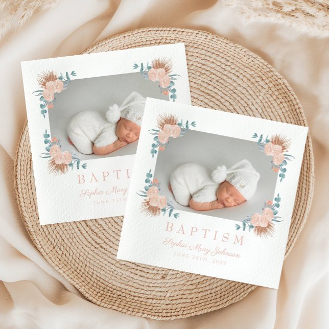 Guardanapo De Papel Foto de Batismo de Menina Floral Rosa Elegante (Elegant Pink Floral Girl Baptism Photo Napkins)