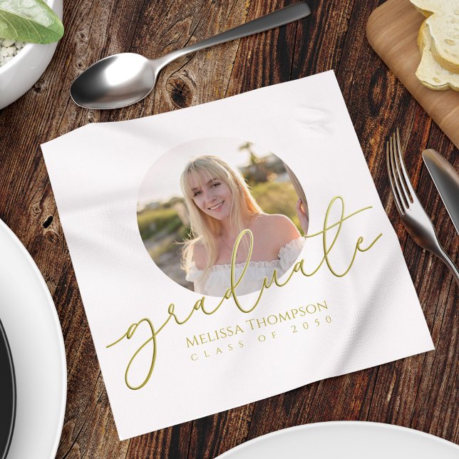Guardanapo De Papel Foto de Festa de formatura de Script Dourado Perso (Graduation gold script custom photo napkin.)