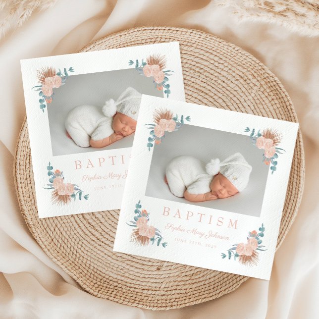 Guardanapo De Papel Foto do Batismo da Menina Floral Elegante (Elegant Floral Girl Baptism Photo Napkins)