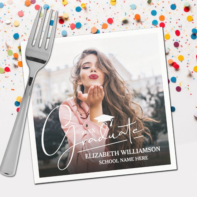 Guardanapo De Papel Foto do Boné de formatura White Script (Your photo, name, class year and "Graduate" in a cool script on graduation party napkins)