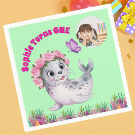 Guardanapo De Papel Foto Do Leão Do Mar Floral Branco Cute, Aniversári