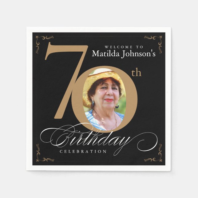 Guardanapo De Papel Foto Dourada Elegante de Caligrafia de Aniversário (Frente)