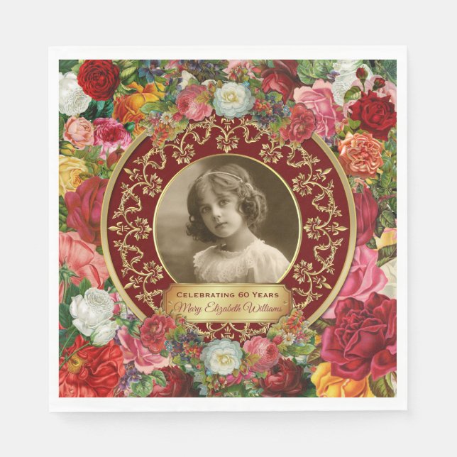 Guardanapo De Papel Foto Dourada Garganta Rosas Comemorativos Burgundy (Frente)