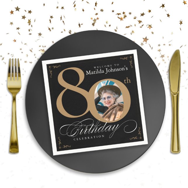 Guardanapo De Papel Foto personalizada da caligrafia Dourada de Aniver (80th Birthday Black Gold Calligraphy Custom Photo Napkins)