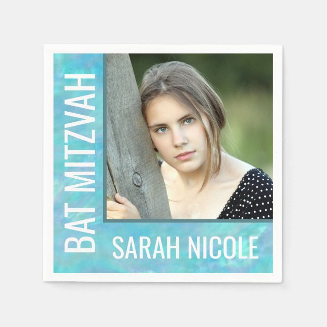Guardanapo De Papel Foto personalizada do Bat Mitzvah Blue Opal Glam P (Frente)