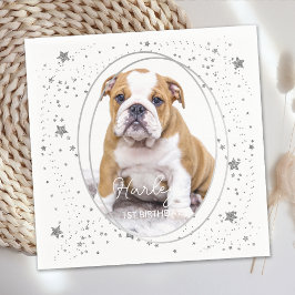 Guardanapo De Papel Foto Personalizada: Pet Dog Birthday Silver Glitte