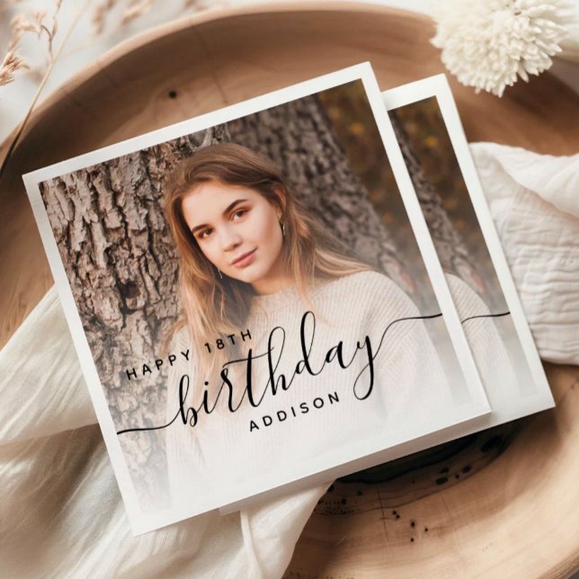 Guardanapo De Papel Foto Personalizada Preto Script Aniversário de 18  (Criador carregado)