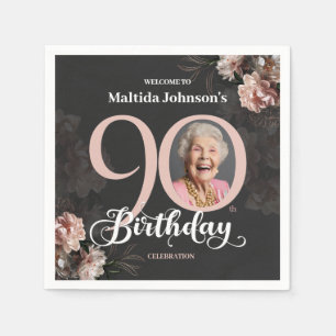 Guardanapo De Papel Foto Personalizada Rosa Floral de 90 Birthday