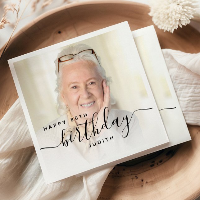 Guardanapo De Papel Foto Personalizada Script Preto Aniversário de 80  (Criador carregado)