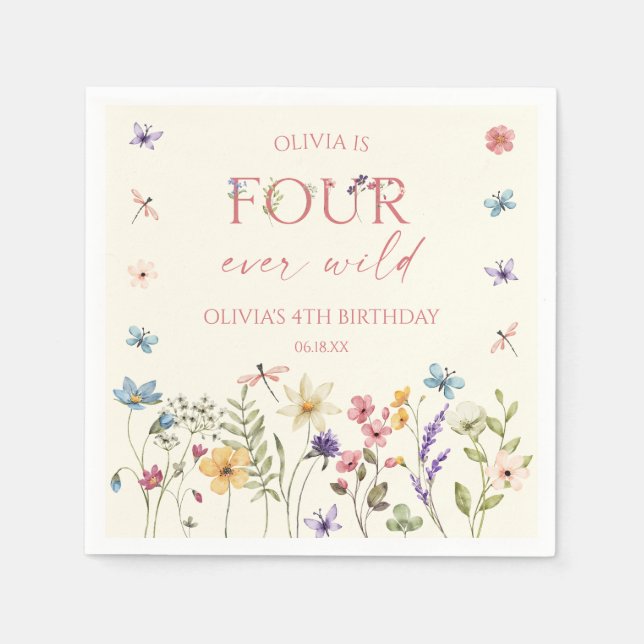Guardanapo De Papel Four Ever Wild Wildflower 4th Birthday Party (Frente)