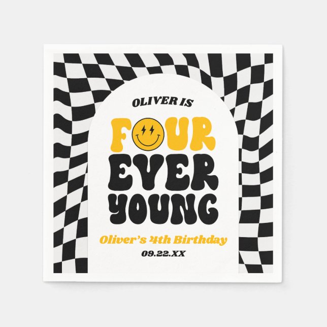Guardanapo De Papel Four Ever Young Retro Fourth 4th Birthday Party (Frente)