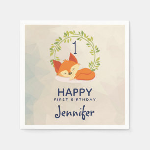 Guardanapo De Papel Fox bonito da laranja com aniversário verde da