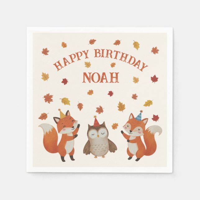 Guardanapo De Papel Foxes and Owl Woodland Fall Kids Birthday Party (Frente)