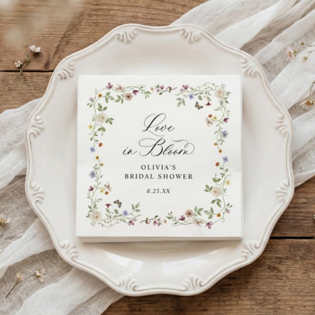 Guardanapo De Papel French Wildflower Love in Bloom Bridal Shower (Bridal shower napkins with French wildflower design and love is in bloom floral script)