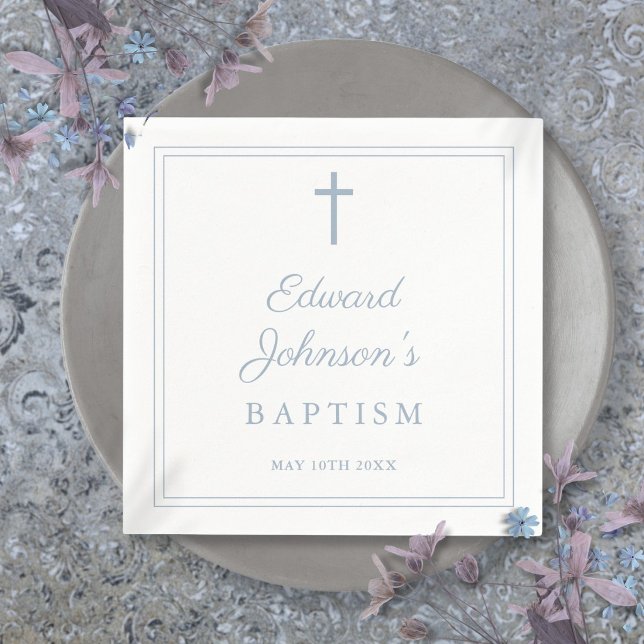 Guardanapo De Papel Fronteira Azul Poeirento Elegante Batismo (Elegant Dusty Blue Border Baptism Napkins)