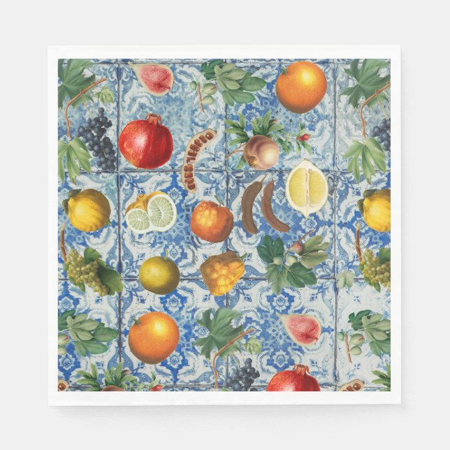 Guardanapo De Papel Fruta de Verão do Mediterrâneo e Mosaico Branco Az (Frente)