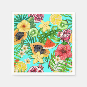 Guardanapo De Papel Frutas tropicais, flores e folhas em azul