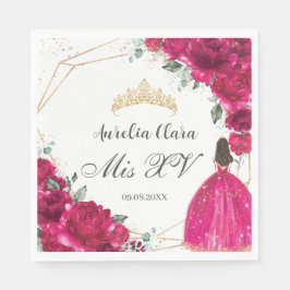 Guardanapo De Papel Fuchsia Pink Floral Princess Gown Dourada Quinceañ