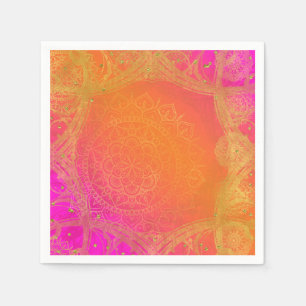 Guardanapo De Papel Fúcsia Rosa Laranja e Dourado Mandala Festa Indian