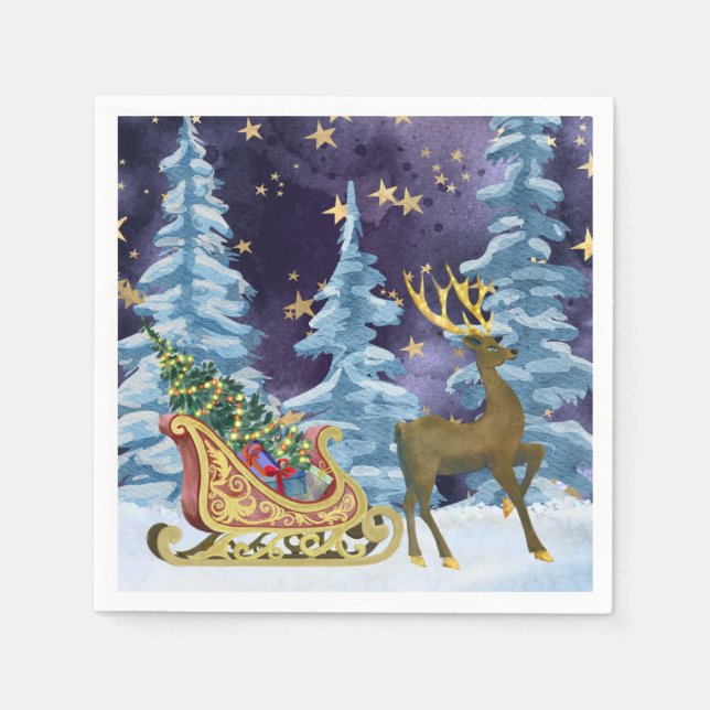 Guardanapo De Papel Full Moon Over Reindeer With Sleigh (Frente)