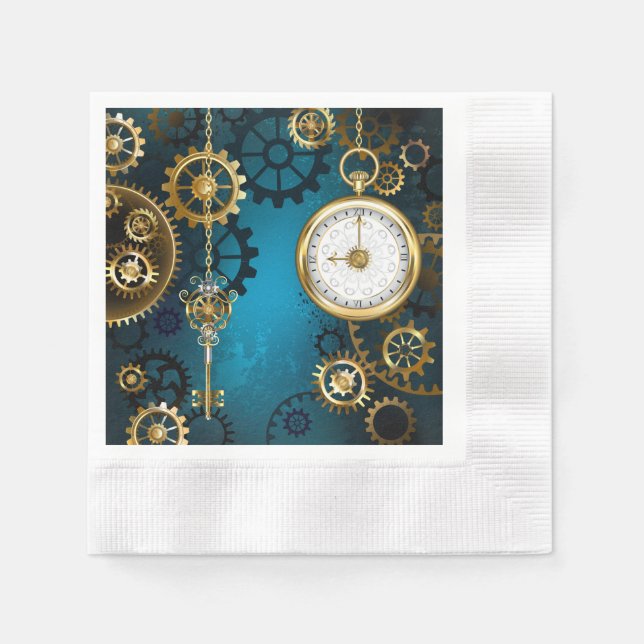 Guardanapo De Papel Fundo de turquesa Steampun com engrenagens (Frente)