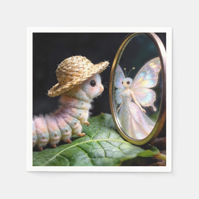 Guardanapo De Papel Fuzzy Caterpillar Staring at a Fairy Butterfly (Frente)