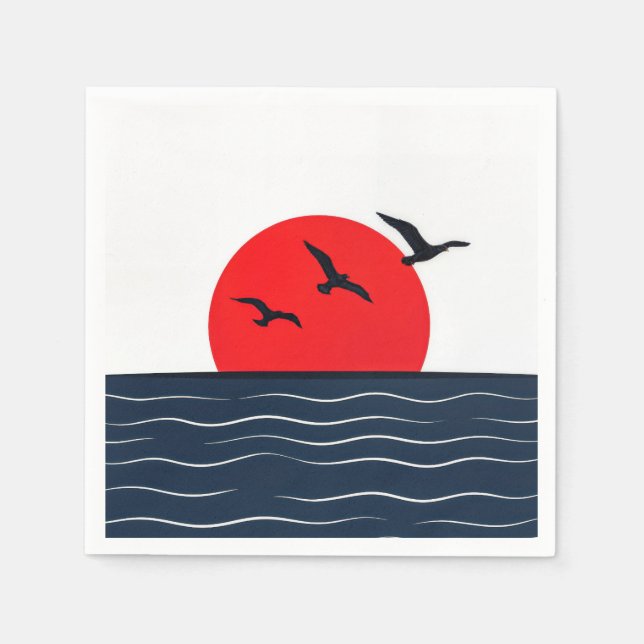 Guardanapo De Papel Gaivotas no Sol Vermelho com Oceano (Frente)