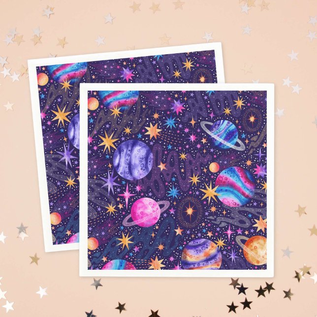 Guardanapo De Papel Galáxia do espaço externo com planetas e estrelas  (Outer space Galaxy with Planets and Shooting Stars Napkins)