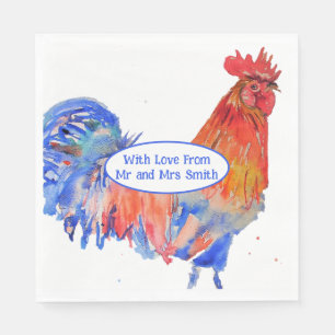 Guardanapo De Papel Galinha do Galo Vermelho Casamento Aquarela Azul