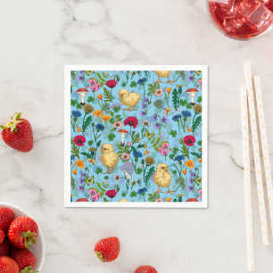 Guardanapo De Papel Galinhas e flores silvestres em azul-bebê