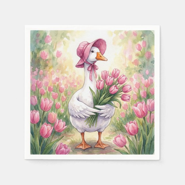 Guardanapo De Papel Ganso Branco Com Tulipas Rosas (Frente)