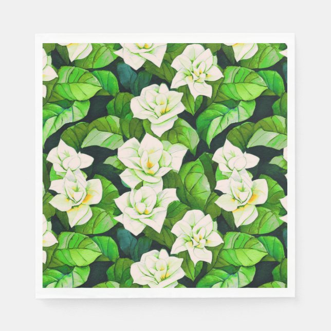 Guardanapo De Papel Gardenias brancas e folhas verdes de jade (Frente)