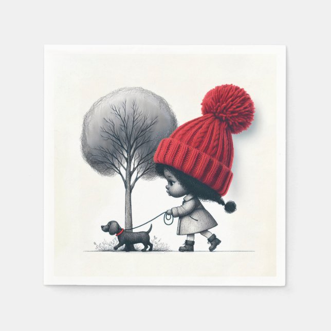 Guardanapo De Papel Garota Afro-Americana Andando Seu Cão (Frente)