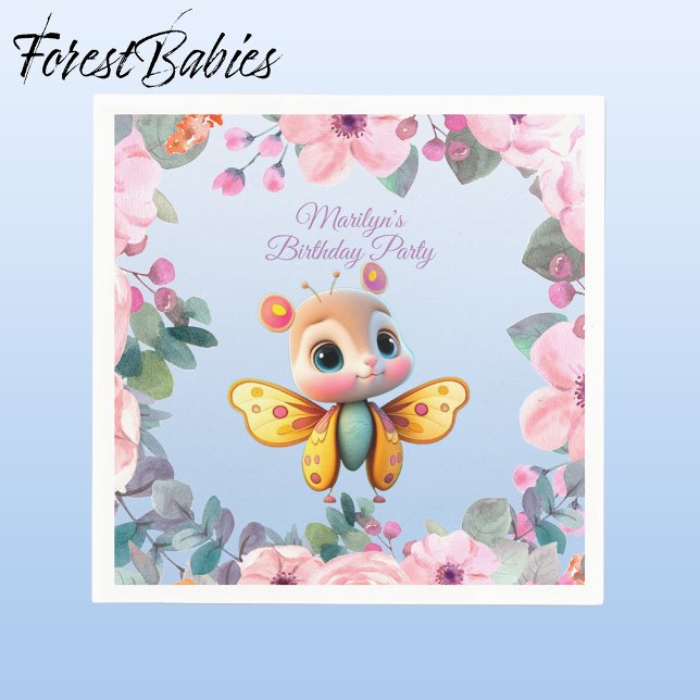 Guardanapo De Papel Garota-Bebê-Bela-Boca-Rosa-Floral-Rosa Aniversário (Butterfly Girl 🦋 Pink Floral 🌸 ForestBabies Customizable Birthday Party Paper Napkins)