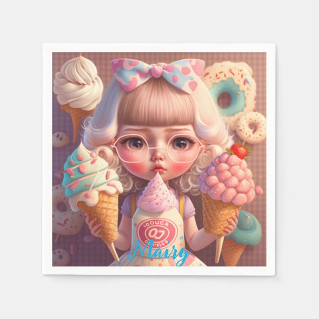 Guardanapo De Papel Garota bonita Kawaii com sorvetes (Frente)